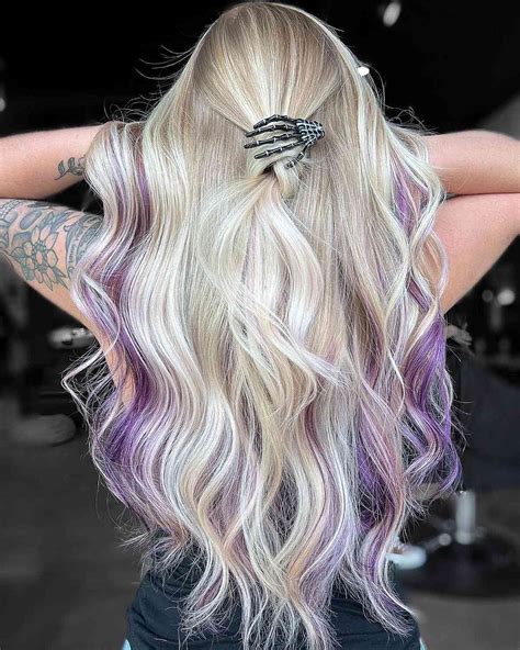 blonde hair with purple peekaboos|where to place peekaboo highlights.